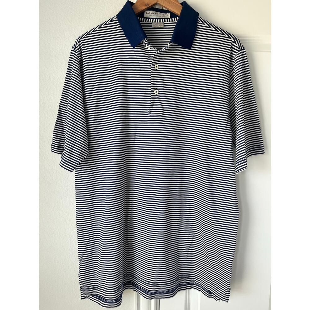Martin Men's Medium 100% Pima Cotton Blue/White Striped Golf Polo Breathable